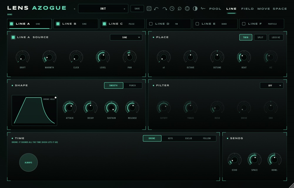 LINE page: a line's source, shape, filter and time
